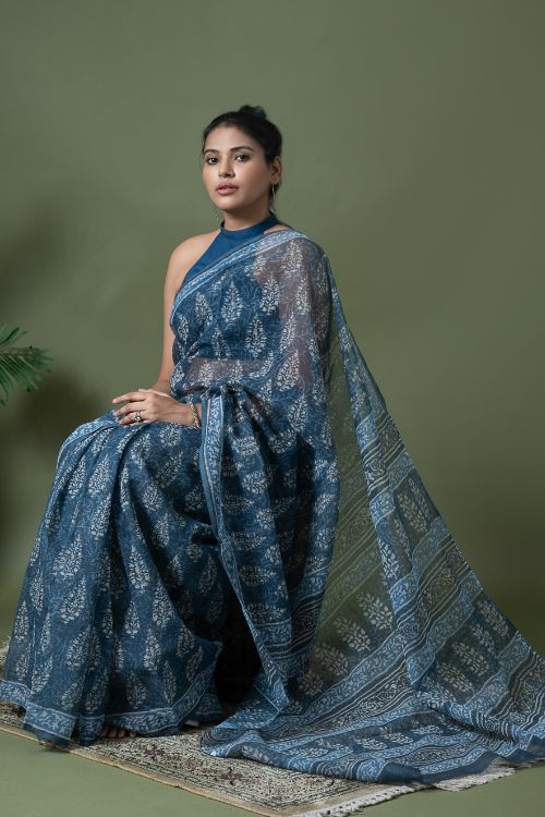 ICH Light & Breezy Dabu Hand Block Printed Kota Doria - Blue Ornate