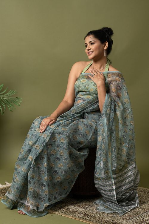 ICH Light & Breezy. Sanganeri Hand Block Printed Kota Doria - Teal Flora