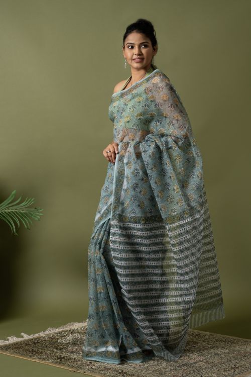ICH Light & Breezy. Sanganeri Hand Block Printed Kota Doria - Teal Flora