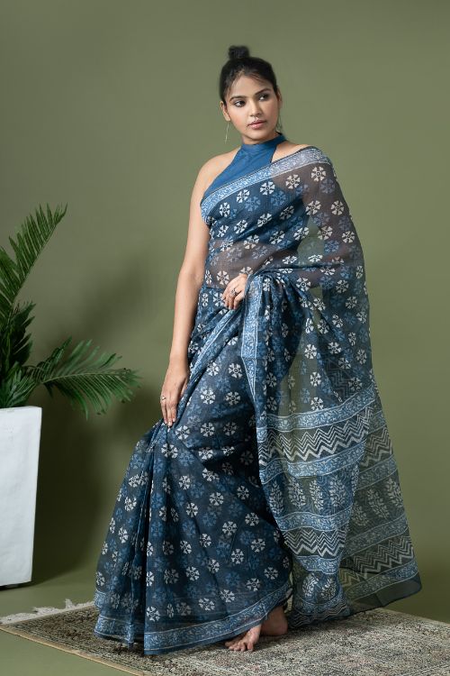 ICH Light & Breezy Dabu Hand Block Printed Kota Doria - Blue Daisy