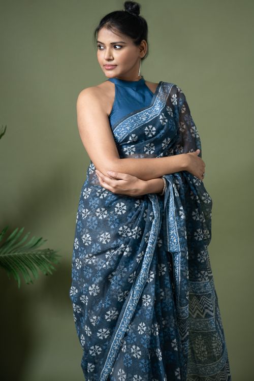 ICH Light & Breezy Dabu Hand Block Printed Kota Doria - Blue Daisy