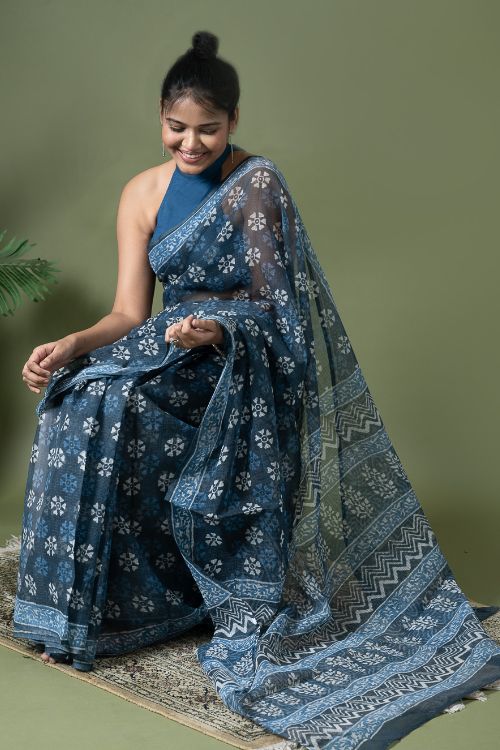 ICH Light & Breezy Dabu Hand Block Printed Kota Doria - Blue Daisy