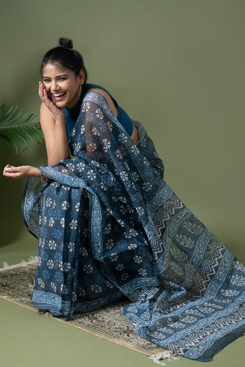 ICH Light & Breezy Dabu Hand Block Printed Kota Doria - Blue Daisy