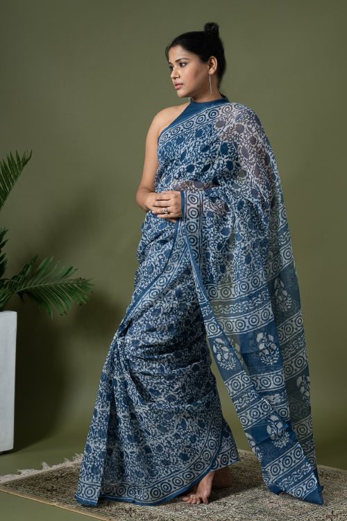 ICH Light & Breezy Dabu Hand Block Printed Kota Doria - Floral Jaal