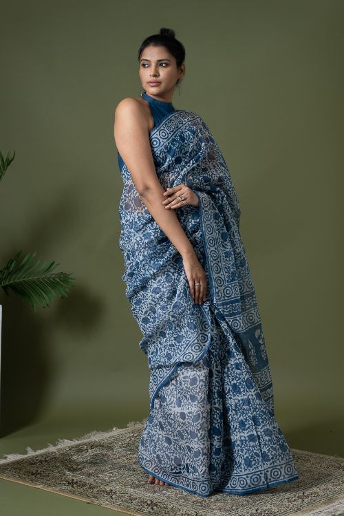 ICH Light & Breezy Dabu Hand Block Printed Kota Doria - Floral Jaal