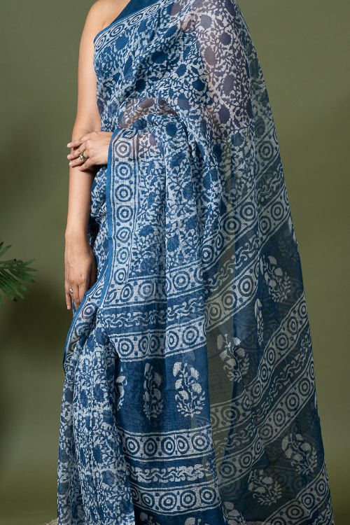 ICH Light & Breezy Dabu Hand Block Printed Kota Doria - Floral Jaal