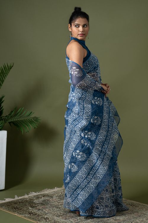 ICH Light & Breezy Dabu Hand Block Printed Kota Doria - Floral Jaal