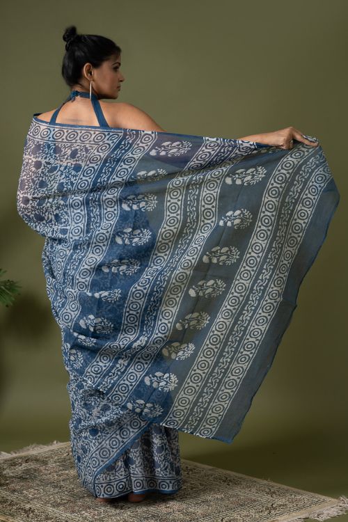 ICH Light & Breezy Dabu Hand Block Printed Kota Doria - Floral Jaal