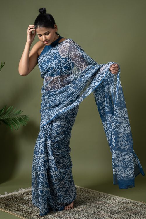 ICH Light & Breezy Dabu Hand Block Printed Kota Doria - Floral Jaal