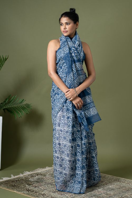 ICH Light & Breezy Dabu Hand Block Printed Kota Doria - Floral Jaal