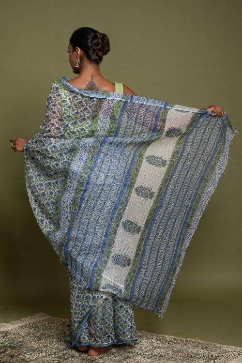 ICH Light & Breezy. Sanganeri Hand Block Printed Kota Doria - Blue Flora