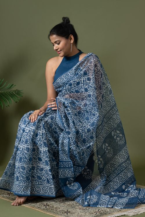 ICH Light & Breezy Dabu Hand Block Printed Kota Doria - Floral Jaal