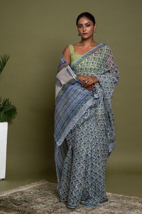 ICH Light & Breezy. Sanganeri Hand Block Printed Kota Doria - Blue Flora