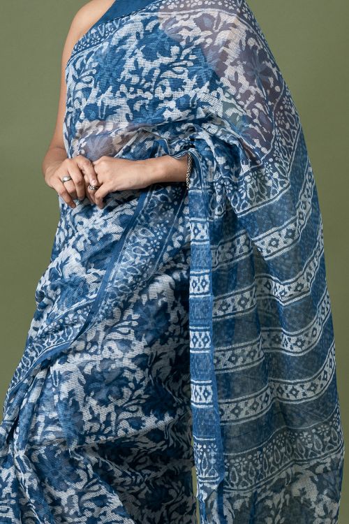 ICH Light & Breezy Dabu Hand Block Printed Kota Doria - Blue Floral