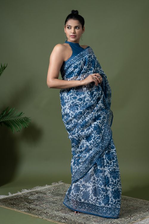 ICH Light & Breezy Dabu Hand Block Printed Kota Doria - Blue Floral