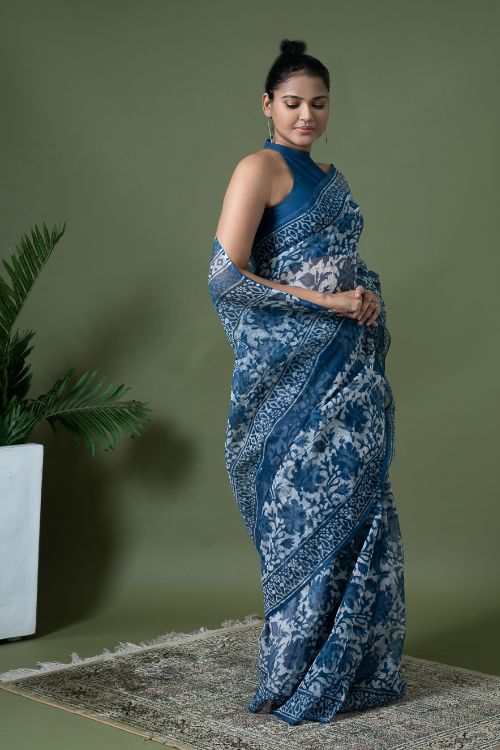 ICH Light & Breezy Dabu Hand Block Printed Kota Doria - Blue Floral