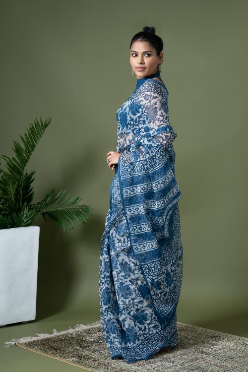 ICH Light & Breezy Dabu Hand Block Printed Kota Doria - Blue Floral