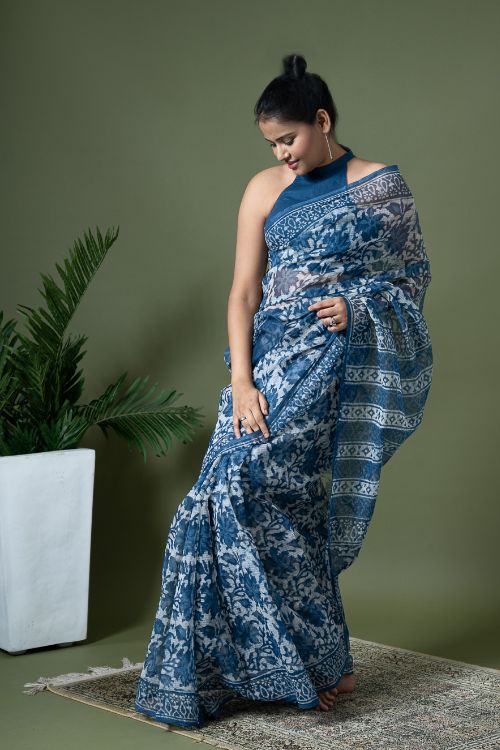 ICH Light & Breezy Dabu Hand Block Printed Kota Doria - Blue Floral