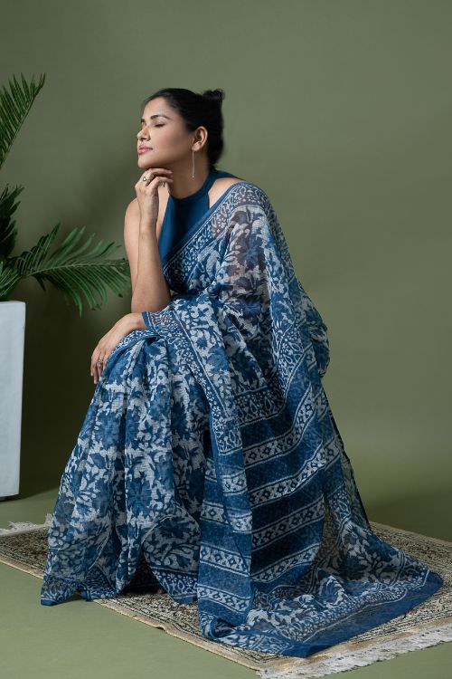 ICH Light & Breezy Dabu Hand Block Printed Kota Doria - Blue Floral