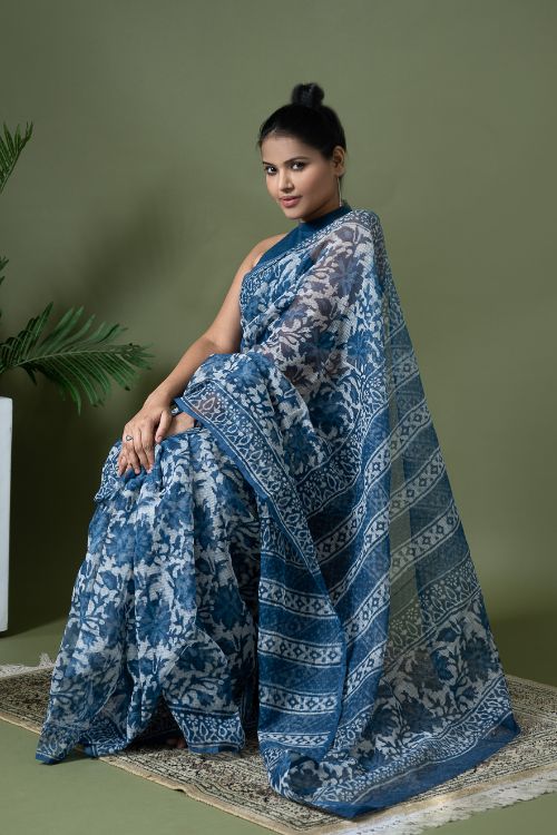 ICH Light & Breezy Dabu Hand Block Printed Kota Doria - Blue Floral