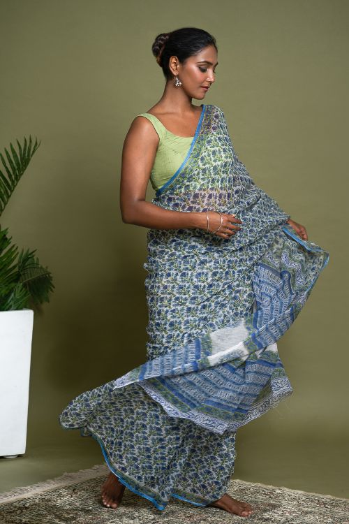 ICH Light & Breezy. Sanganeri Hand Block Printed Kota Doria - Blue Flora