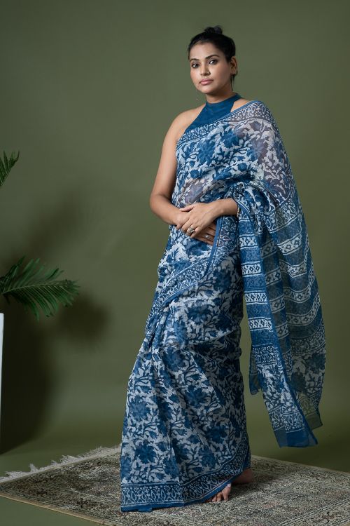 ICH Light & Breezy Dabu Hand Block Printed Kota Doria - Blue Floral