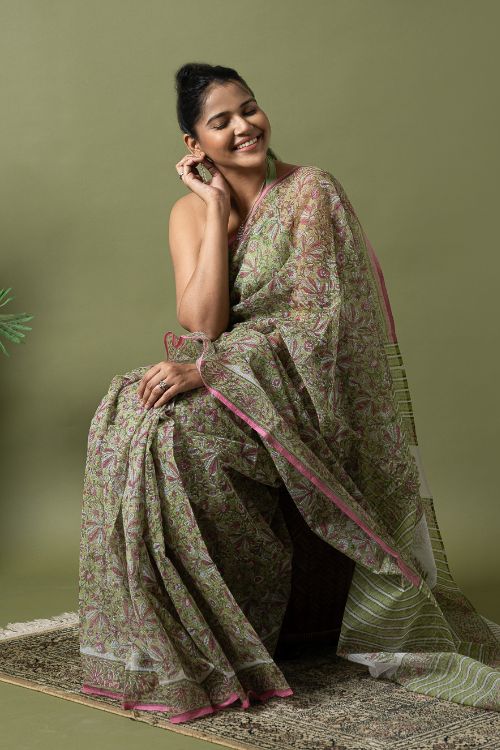 ICH Light & Breezy. Sanganeri Hand Block Printed Kota Doria - Soft Green Flora