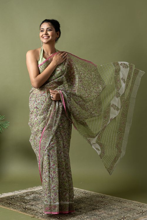 ICH Light & Breezy. Sanganeri Hand Block Printed Kota Doria - Soft Green Flora