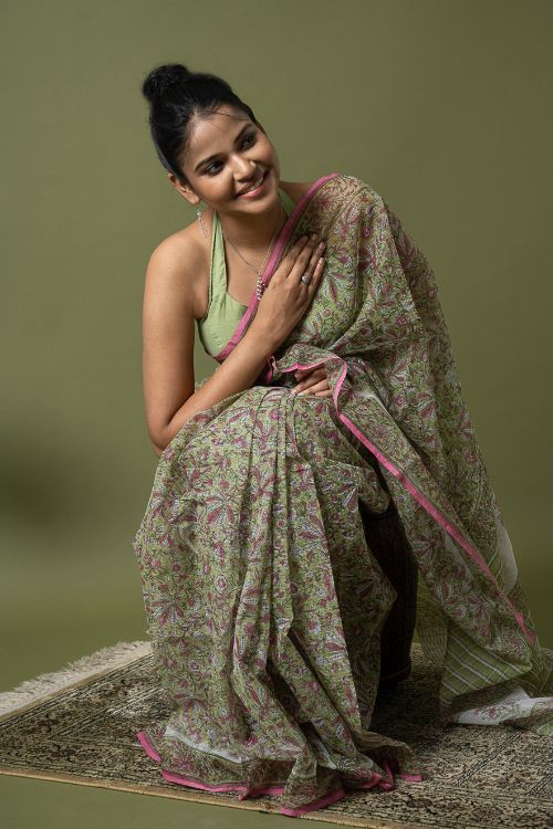 ICH Light & Breezy. Sanganeri Hand Block Printed Kota Doria - Soft Green Flora