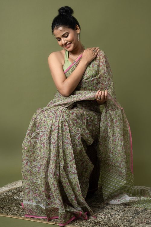 ICH Light & Breezy. Sanganeri Hand Block Printed Kota Doria - Soft Green Flora