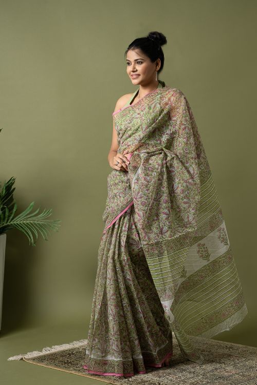 ICH Light & Breezy. Sanganeri Hand Block Printed Kota Doria - Soft Green Flora