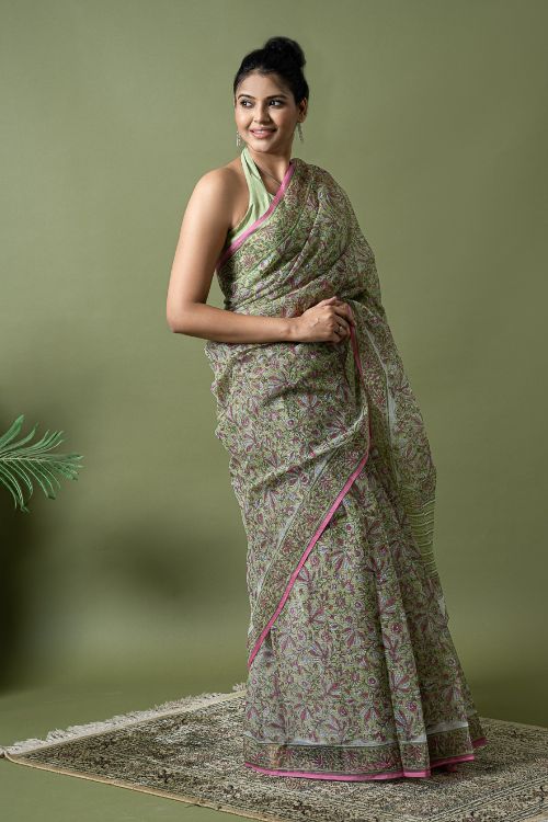 ICH Light & Breezy. Sanganeri Hand Block Printed Kota Doria - Soft Green Flora