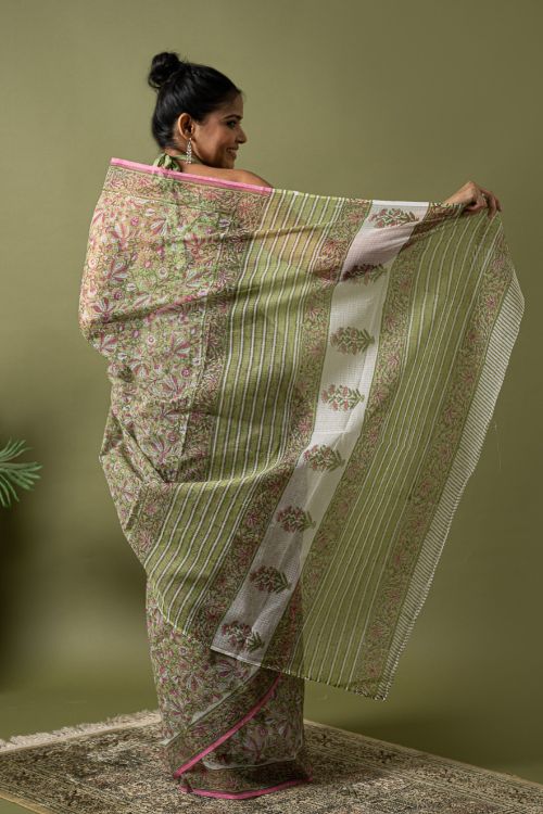 ICH Light & Breezy. Sanganeri Hand Block Printed Kota Doria - Soft Green Flora