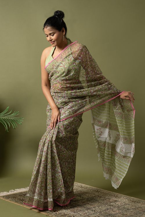 ICH Light & Breezy. Sanganeri Hand Block Printed Kota Doria - Soft Green Flora