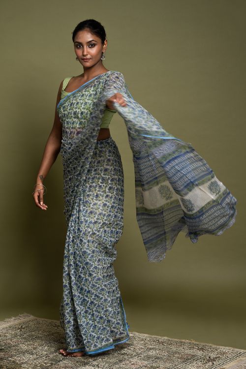 ICH Light & Breezy. Sanganeri Hand Block Printed Kota Doria - Blue Flora