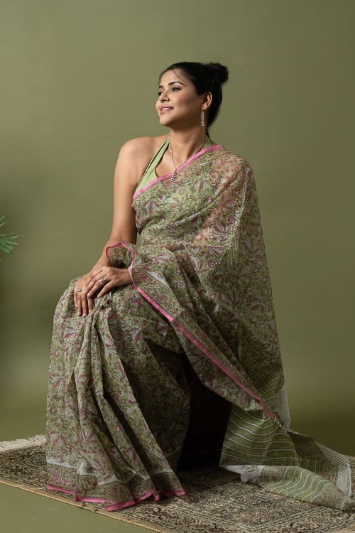 ICH Light & Breezy. Sanganeri Hand Block Printed Kota Doria - Soft Green Flora