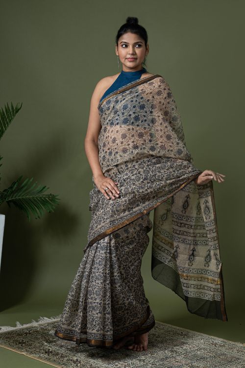 ICH Exclusive Kota Chanderi. Bagru Hand Block Printed Saree - Beige Jaal