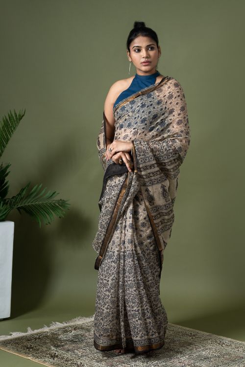 ICH Exclusive Kota Chanderi. Bagru Hand Block Printed Saree - Beige Jaal