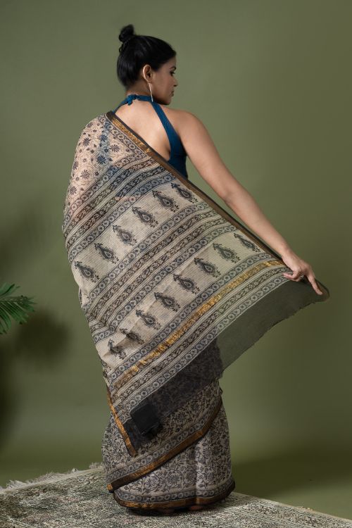 ICH Exclusive Kota Chanderi. Bagru Hand Block Printed Saree - Beige Jaal