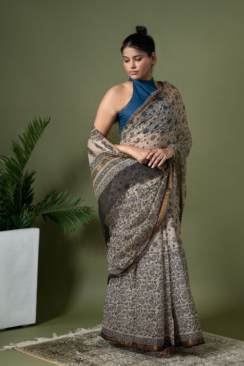 ICH Exclusive Kota Chanderi. Bagru Hand Block Printed Saree - Beige Jaal