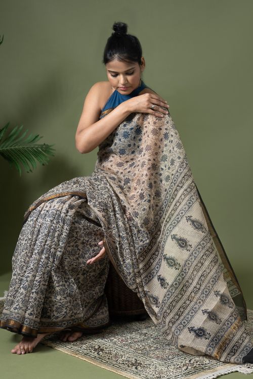ICH Exclusive Kota Chanderi. Bagru Hand Block Printed Saree - Beige Jaal