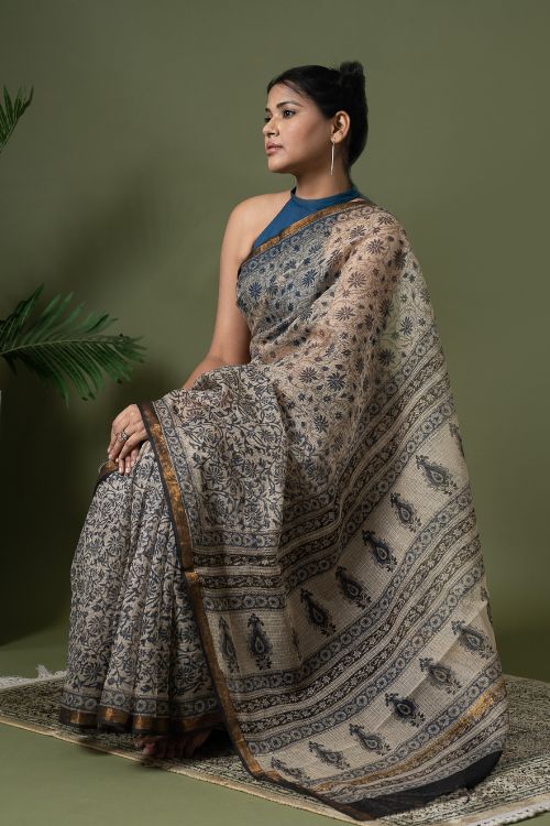 ICH Exclusive Kota Chanderi. Bagru Hand Block Printed Saree - Beige Jaal