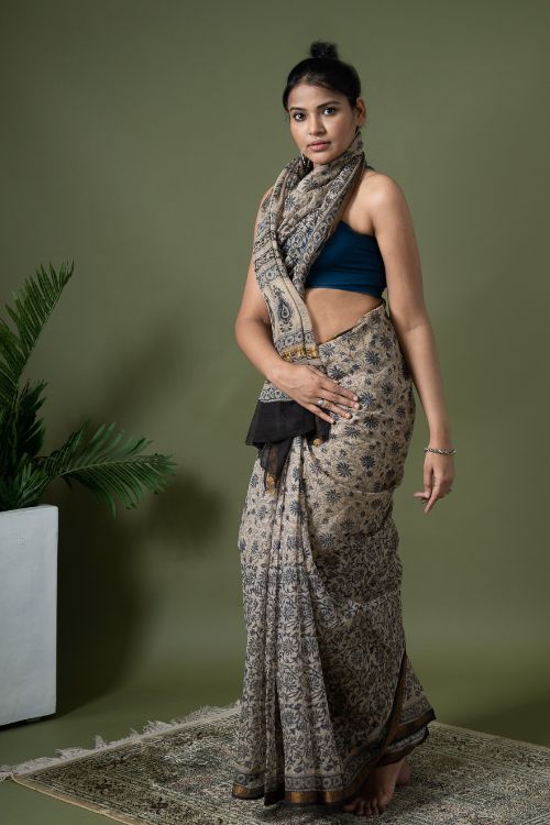 ICH Exclusive Kota Chanderi. Bagru Hand Block Printed Saree - Beige Jaal