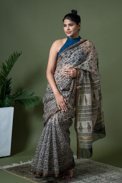 ICH Exclusive Kota Chanderi. Bagru Hand Block Printed Saree - Beige Jaal