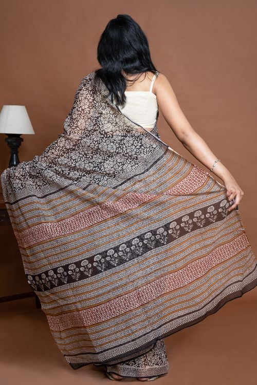 ICH Light & Breezy. Sanganeri Hand Block Printed Kota Doria - Black Floral