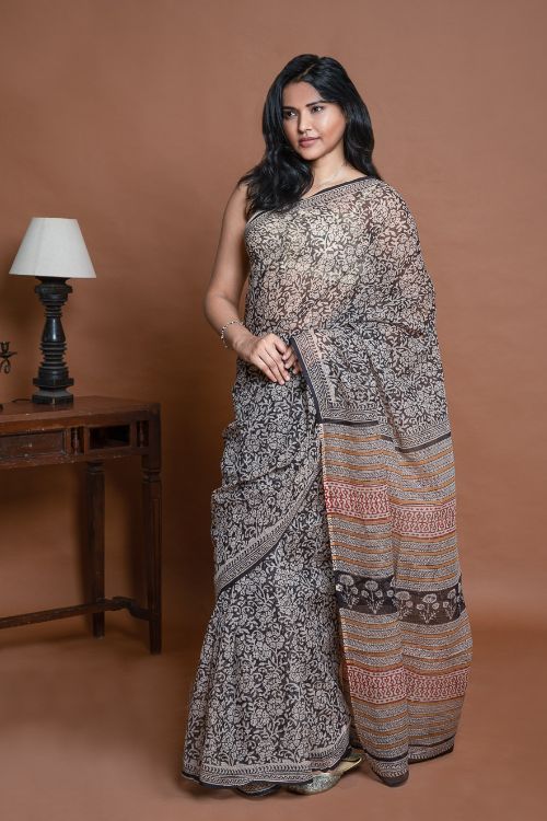 ICH Light & Breezy. Sanganeri Hand Block Printed Kota Doria - Black Floral