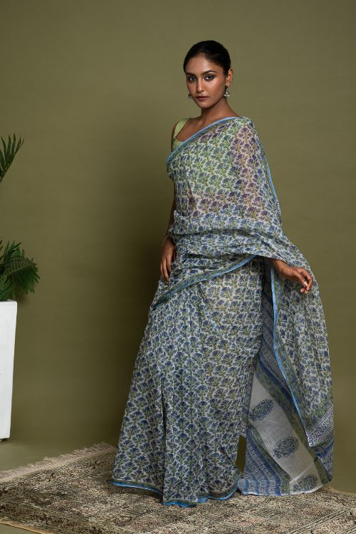 ICH Light & Breezy. Sanganeri Hand Block Printed Kota Doria - Blue Flora