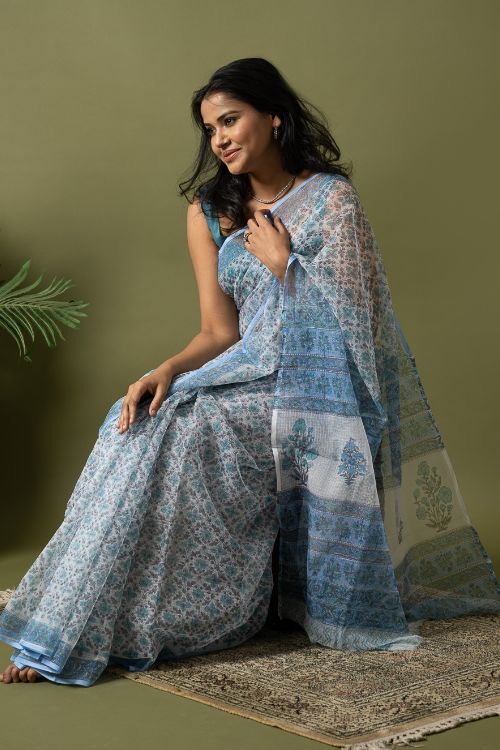 ICH Light & Breezy. Sanganeri Hand Block Printed Kota Doria - Ice Blue Flora