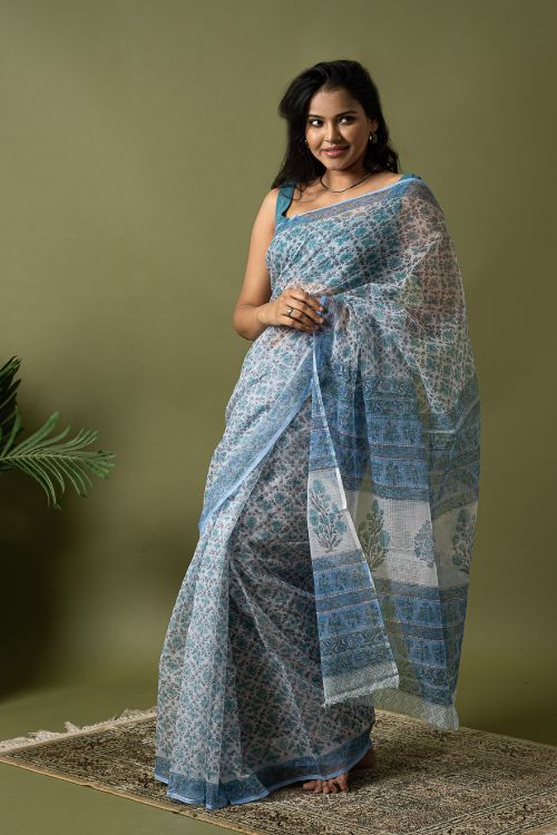 ICH Light & Breezy. Sanganeri Hand Block Printed Kota Doria - Ice Blue Flora