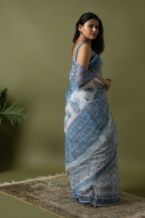 ICH Light & Breezy. Sanganeri Hand Block Printed Kota Doria - Ice Blue Flora